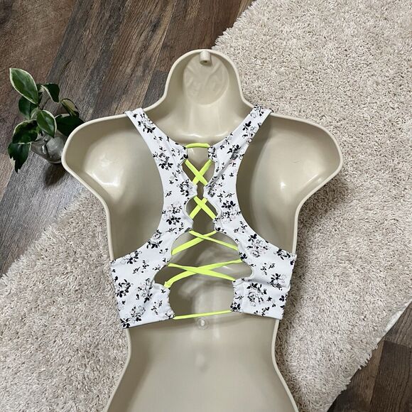 Victoria's Secret PINK Ultimate Small Floral Neon Yellow Lace Up Sports Bra - Picture 4 of 8